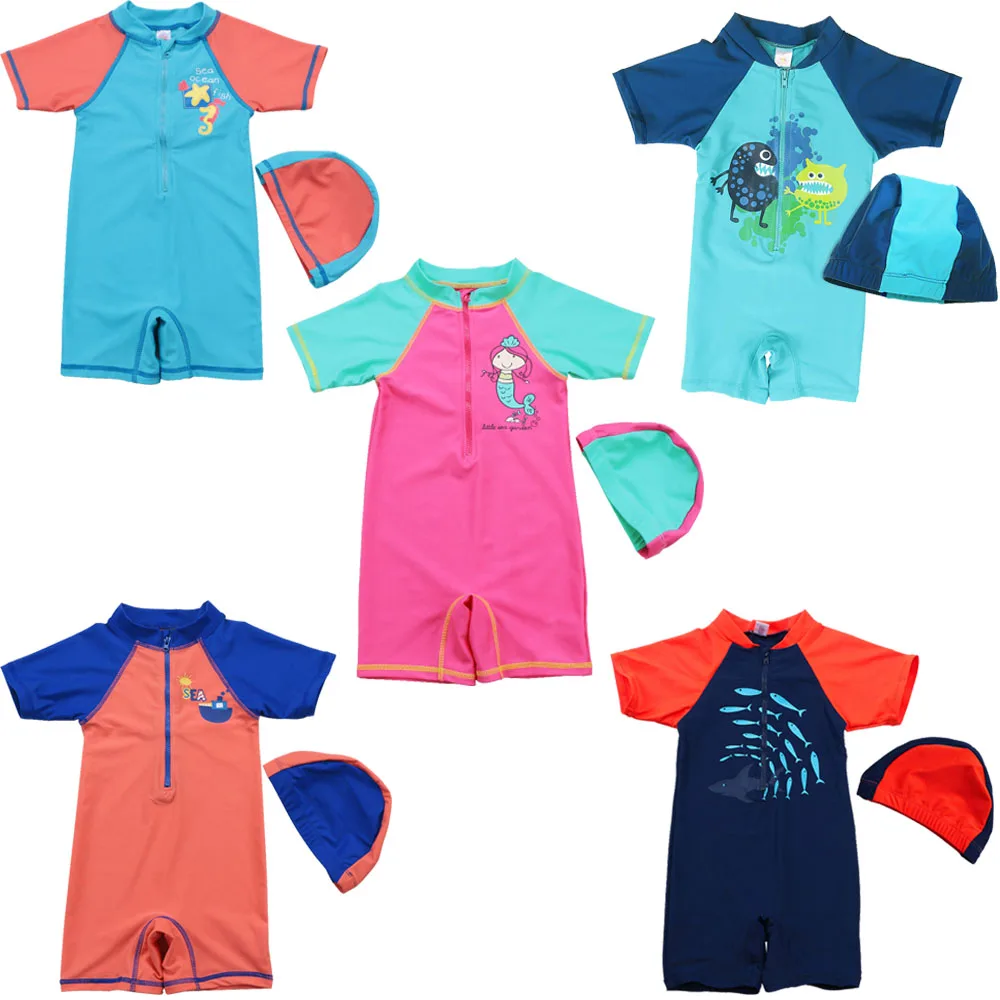 

BAOHULU 2-10Y Kids Swimsuit Cute Baby Boys Swimming Suit with Hat Caps Children Swimwear (UPF50+) One Piece Beachwear Surf Suits