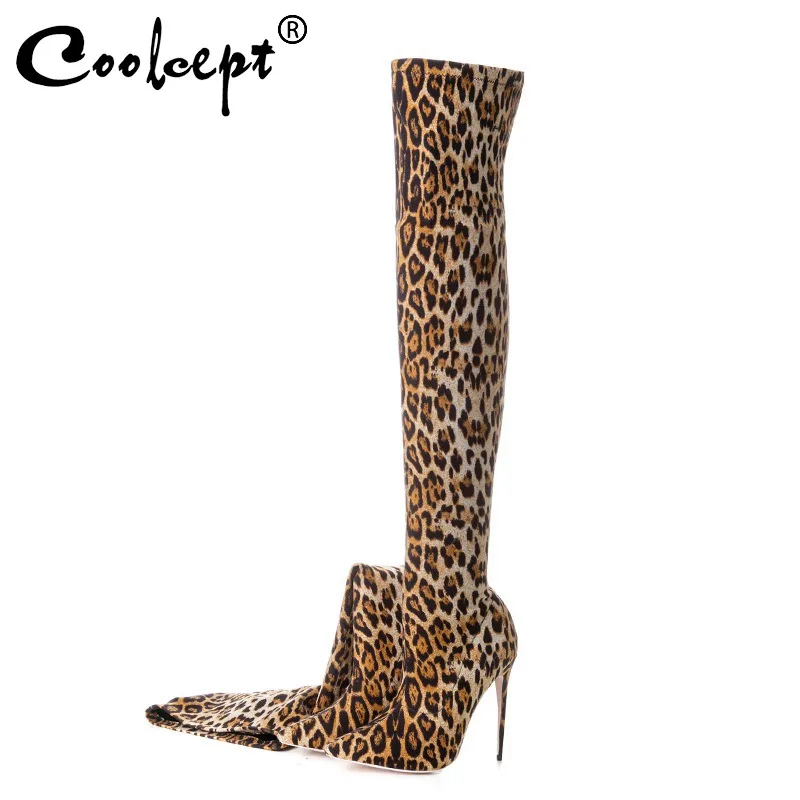 

Coolcept Thin Heels Over The Knee Boots Women New Fashion Leopard Pointed Toe Sexy Fall Winter Stretch Shoes Women Size 33-43