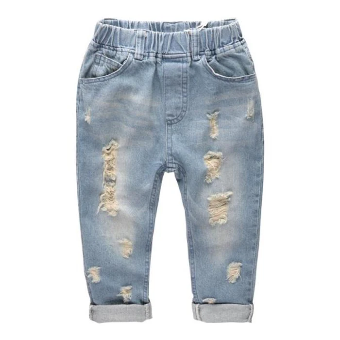 Коллекция года, рваные джинсы для мальчиков, модные брендовые джинсы с большими дырками, однотонные джинсы с эластичной резинкой на талии, тонкие джинсы для маленьких мальчиков, брендовые новые детские джинсовые штаны - Цвет: Небесно-голубой