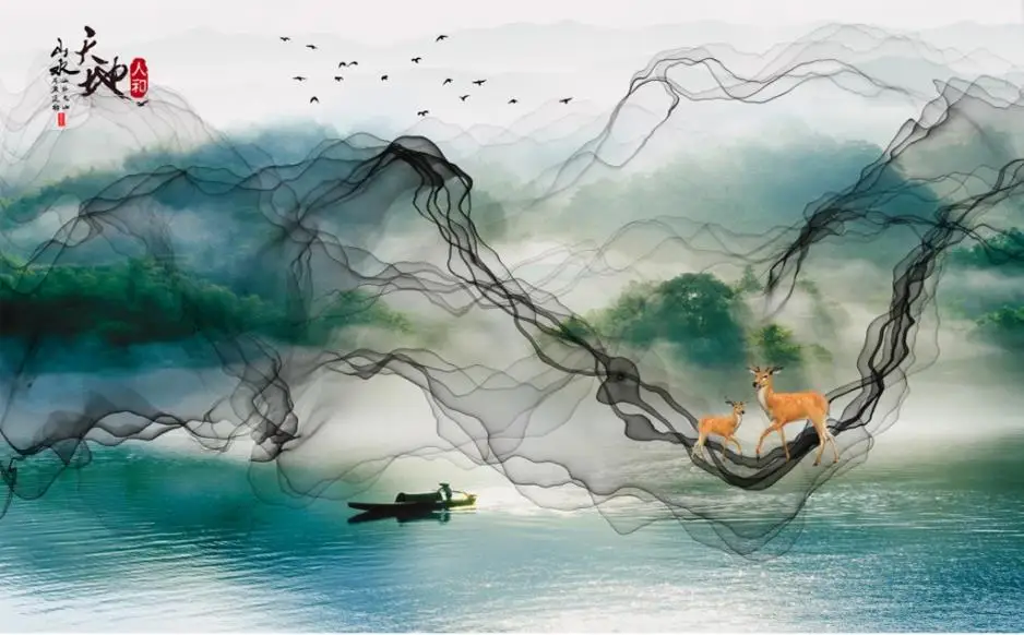 

beautiful scenery Modern minimalist abstract artistic conception line landscape painting new Chinese mural TV background wall