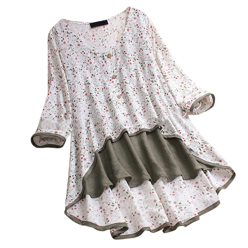 Модные Повседневные льняные топы с цветочным принтом размера плюс, блузка, несимметричный Свободный Топ, женская рубашка с длинным рукавом, блузка, пуловер