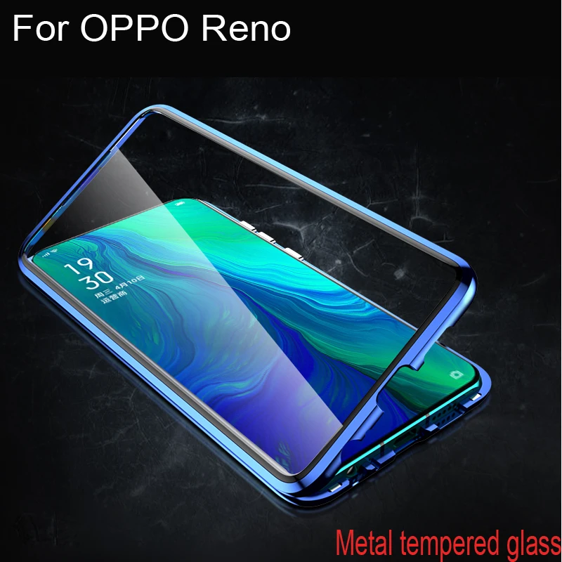 

Luxury Magnetic Adsorption Case For OPPO Reno Metal Frame Clear Tempered Glass Cover For OPPO Reno Magnetic Flip Cases OPPORENO