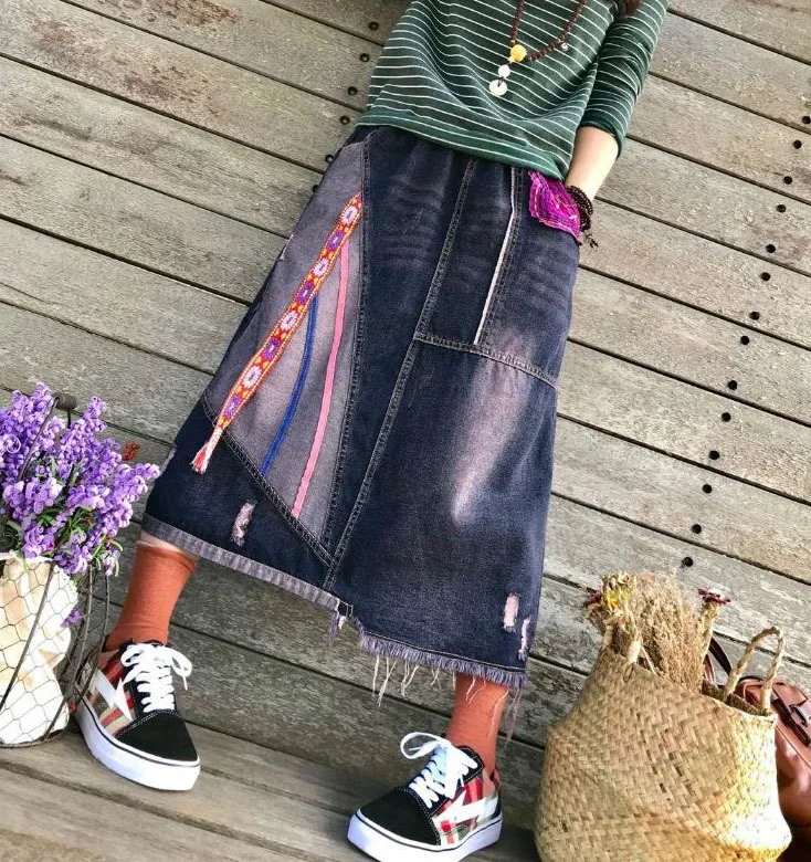 Original spring new literary retro embroidered patch edging tassel denim skirt long skirt female tide