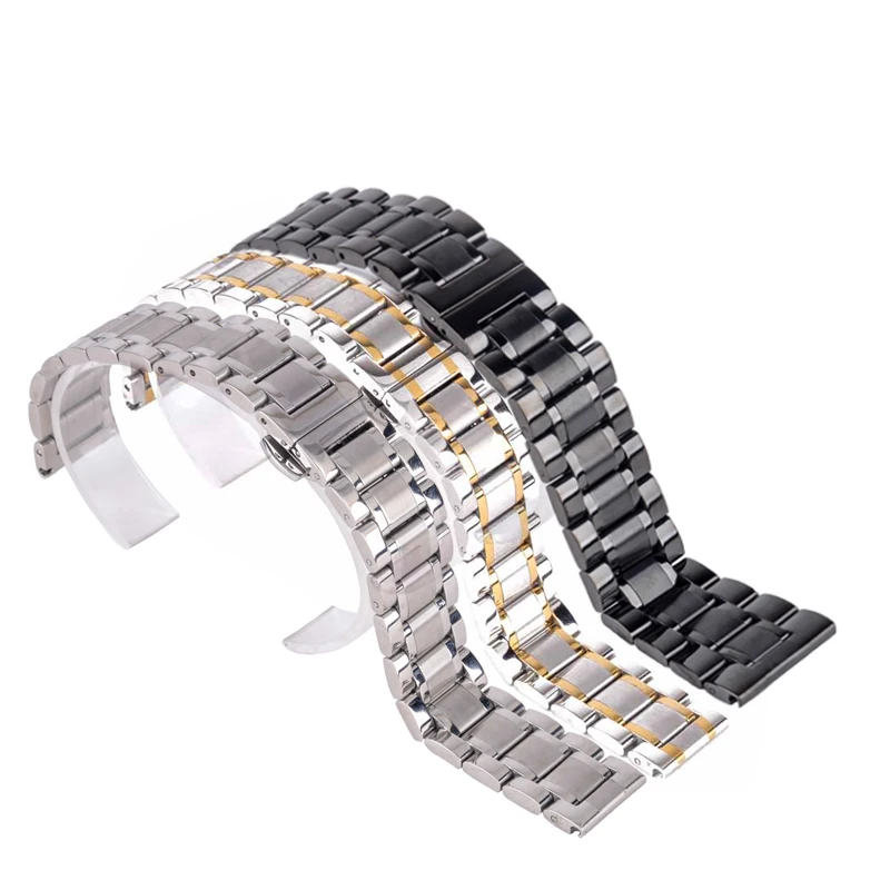 Shellhard New High Quality Silver Black Rose Gold Watchband Stainless Steel Butterfly Clasp Buckle Straight End Watch Band Strap
