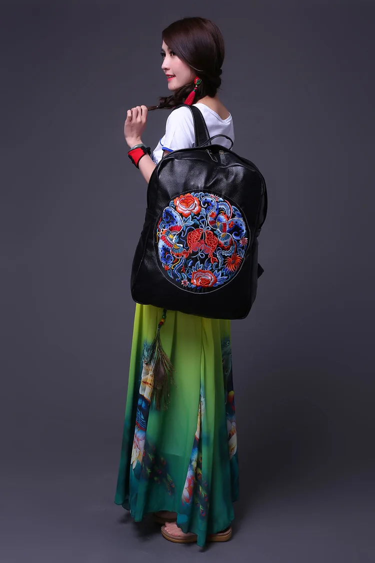 Винтажные вышитые черные рюкзаки женские классические школьные для девочек модные школьные сумки из натуральной кожи высокого качества рюкзак для колледжа