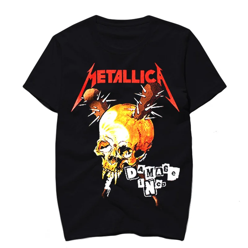 Verano moda hombres camiseta negro blanco Color algodón Punk camiseta Metallica cráneo imprimir Hip Hop camisetas hombre