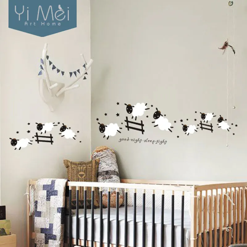 De dibujos animados lindo ovejas saltando valla wallpaper extraÃble pegatinas de pared arte decal para bebés.jpg