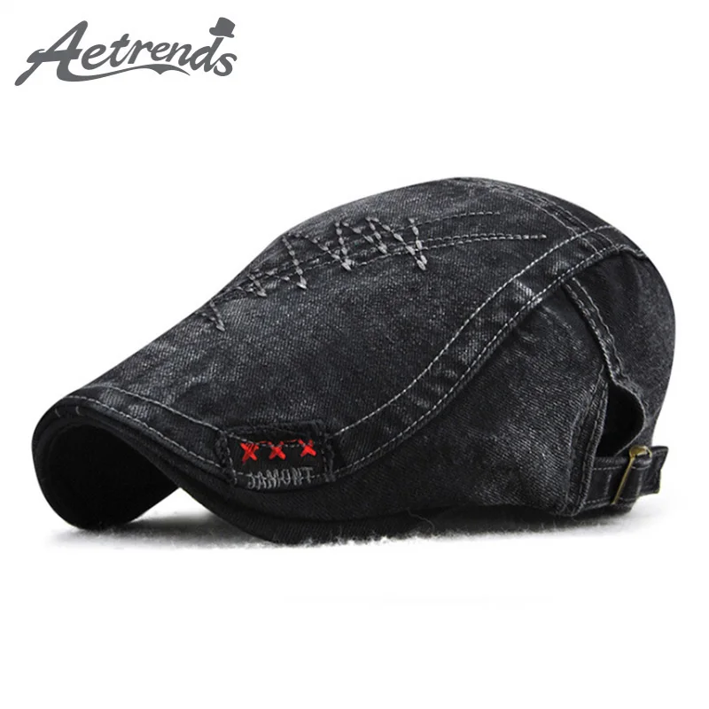 

[AETRENDS] Denim Berets Newsboy Cap Flat Ivy Gatsby Cabbie Driving Hat Cotton Dad Hats for Men Z-6470