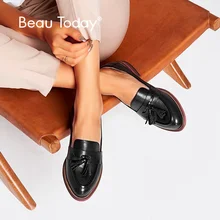 BeauToday Penny Loafers Women Tassels Genuine Leather Sheepskin Moccasin Pointed Toe Lady Flats Slip On Shoes Handmade 27075 beautoday monk shoes women buckle straps genuine leather calfkin round toe lady flats handmade brogue style shoes 21408