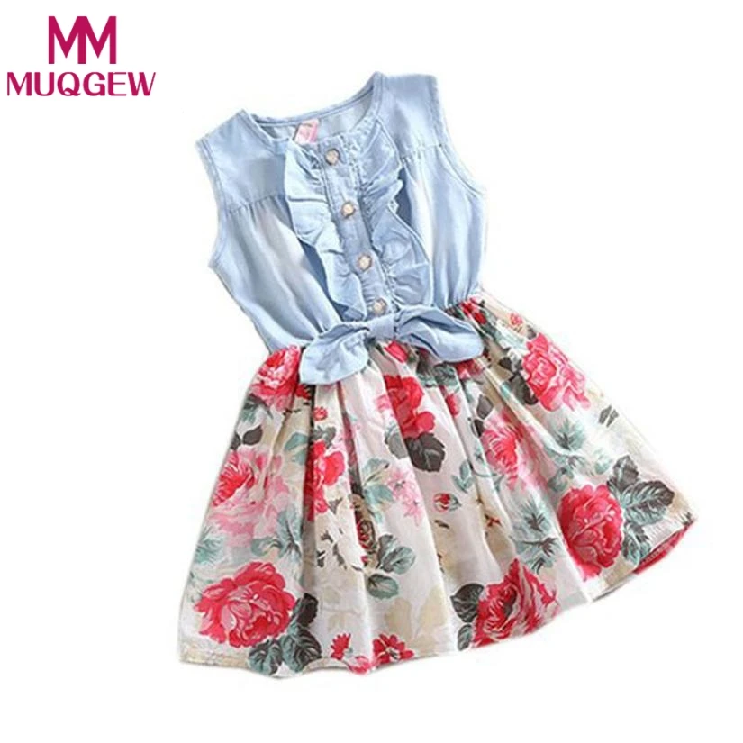 

2018 Girls Summer Floral Dress Princess Kids Girls Wearing Denim Dress patchwork Dresses vetement enfant fille Drop Shipping