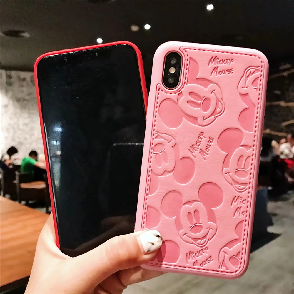 Mobile Phone - Cartoon Mickey Minnie Mouse Leather Case For iPhone 8 7 6 6S Plus X Xs Max XR 3D embossing Disneys Painting Soft leather Cover