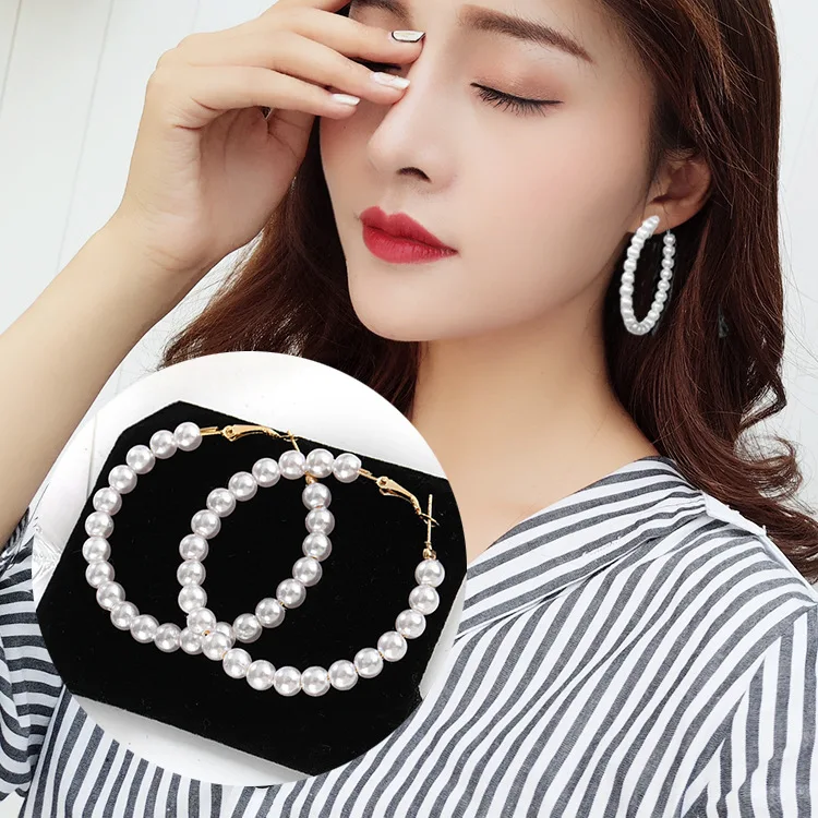 

New Pearl Drop Earrings For Women Exaggerates Oversize Pearl Circle Ear Dangle Earrings Fashion Europe Nightclub Jewelry