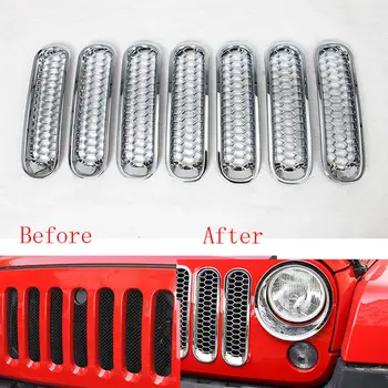 

BBQ@FUKA 7pcs Silver Car Front Mesh Grill Grille Covers Insert Kit Styling Sticker fit For JEEP Wrangler Rubicon Sahara Jk