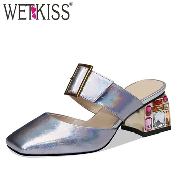 

WETKISS Summer Wedding Slippers Colorful Crystal Heels High Shoes Female Cow Leather Mules Shoes 2019 New Women Slides Shoes