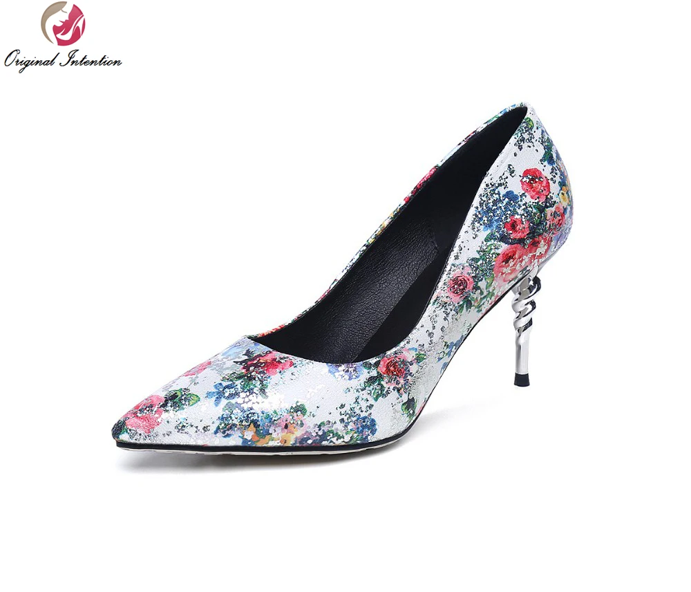 

Original Intention New Gorgeous Women Pumps 2017 Pointed Toe Thin Heels Wedding Pumps Black White Flower Shoes Woman Size 3.5-10