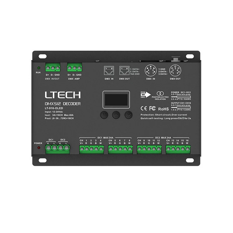 Светодио дный DMX-PWM декодер; DC12-24V вход; 3A* 16CH Max 48A 1152 Вт выход XLR-3/RJ45/Зеленый терминал Порты и разъёмы 16 Декодер каналов