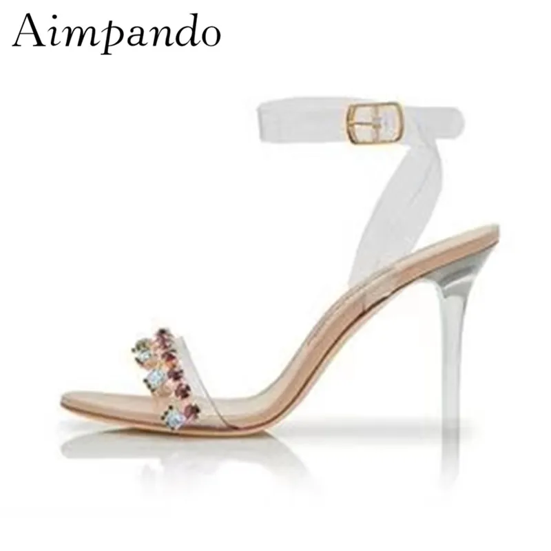 

Transparent PVC Gladiator Sandals Women Ankle Strap Open Toe Red Diamond Fringed Crystal High Heel Summer Sandalias Mujer