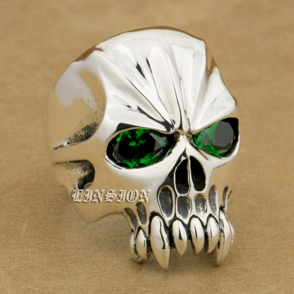 

925 Sterling Silver Green CZ Eyes Skull Mens Biker Rocker Ring 9M304A US 8~15