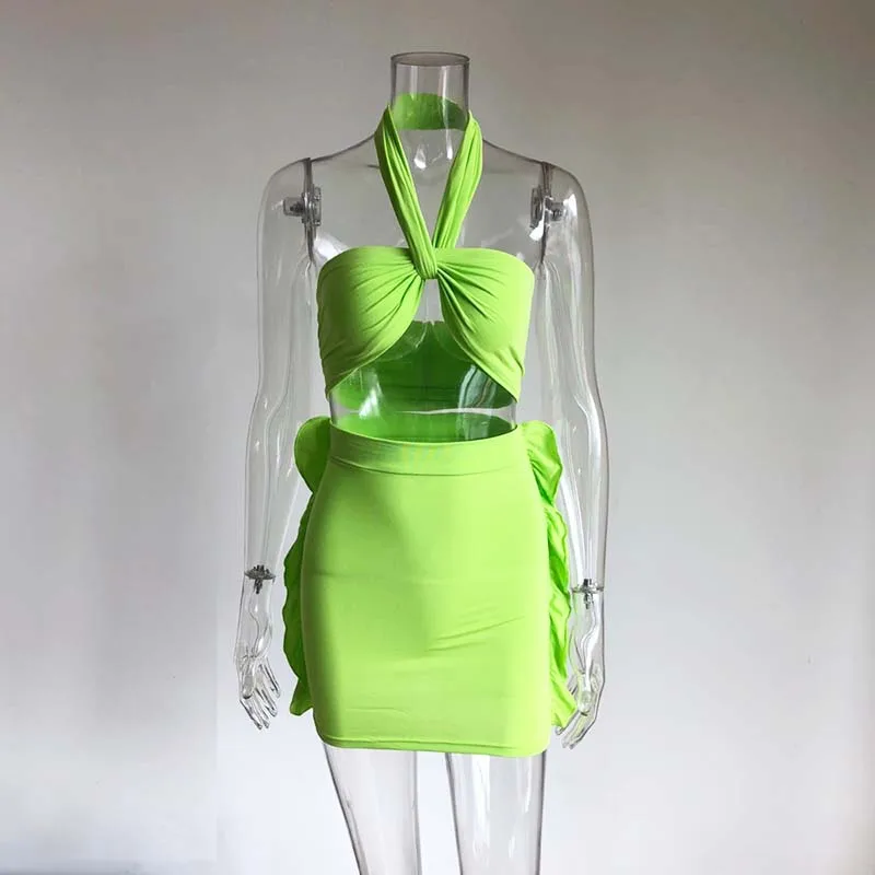 Beyprern сексуальный неоновый оранжевый Холтер Cris Cross мини-юбка комплект из двух предметов женский эластичный укороченный топ и юбка с оборками - Цвет: Зеленый