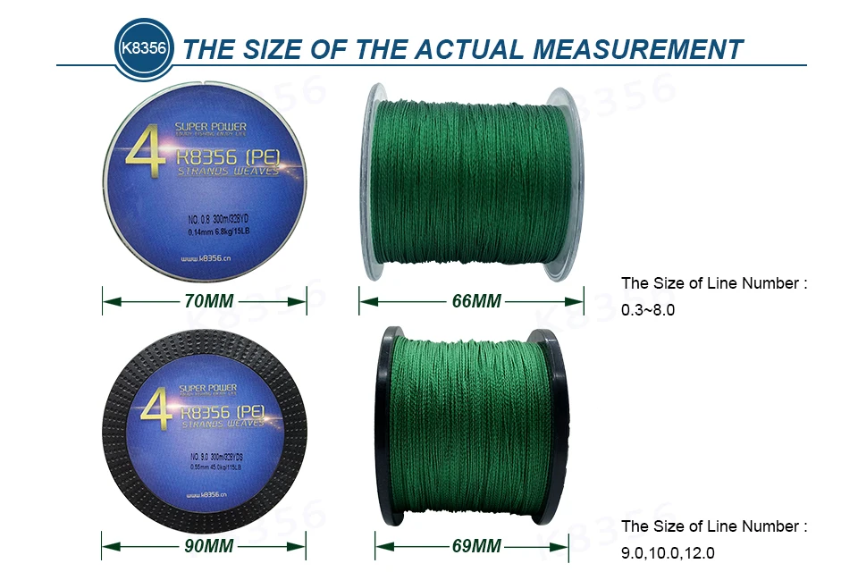 K8356 300 м/328 ярдов 4 стойки PE леска плетеная леска PE многофиламентная рыболовная леска супер прочная высокое качество 8LB-150LB