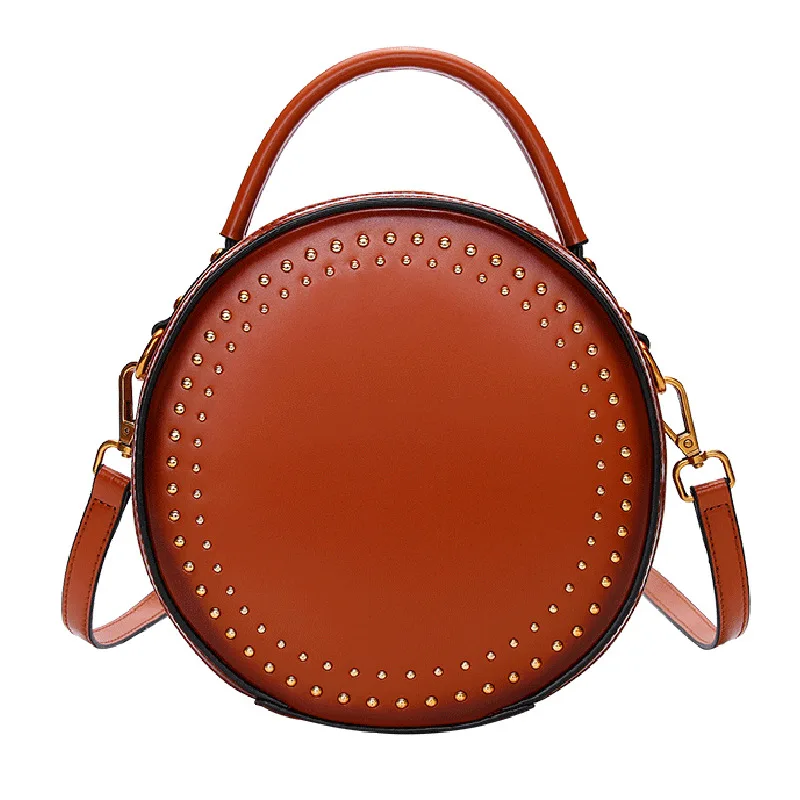 

MZORANGE Retro Rivet Women Messenger Bags Genuine Leather Small Round Bag Ladies Handbags Shoulder Crossbody Bag