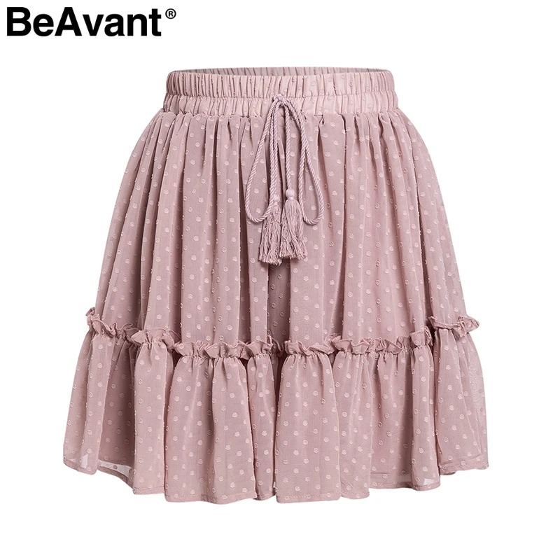 BeAvant Boho летняя плиссированная мини-юбка женская короткая юбка в горошек с высокой талией розовая трапециевидная шифоновая юбка с цветочным принтом и рюшами - Цвет: Розовый