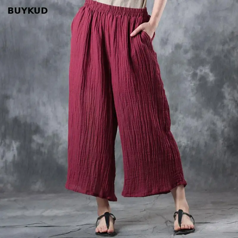 BUYKUD Summer Elastic Waist Red Wide Leg Pants Women Solid Linen