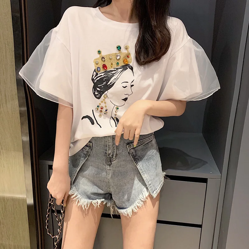 

2 colors summer tops 2019 korean style loose cartoon print patchwork short-sleeve t-shirts womens tee shirt femme (BY9977)
