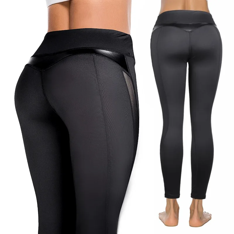 

New Style Black Pu Patchwork Pants Mesh Breathable Hip Hop Leggings