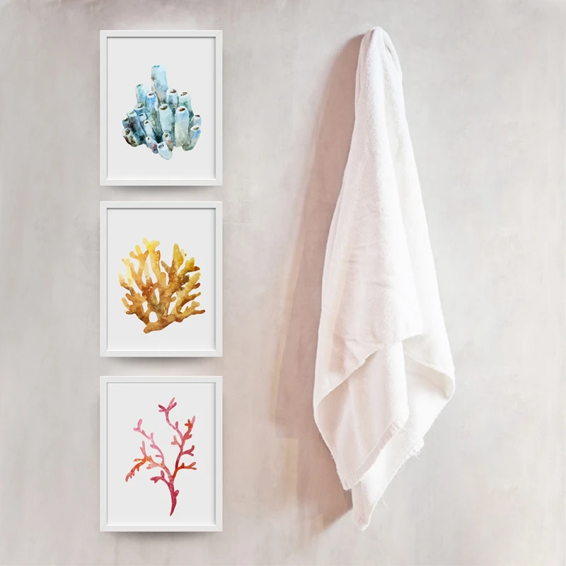 Corals Art Prints Wall Pictures Home Decor, Watercolor Cora Prints Wall Art Hanging Bathroom Canvas Prints Nautical Decoration