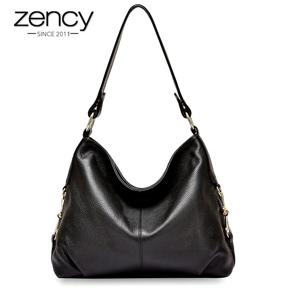 Modelo para Mulheres Bolsa de Ombro Zency Novo Couro Genuíno Clássico Preto Hobos Moda Senhora Crossbody Mensageiro Bolsa 100%
