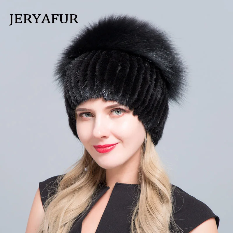 JERYAFUR, женские новые меховые шапки для зимы, меховая шапка из натуральной норки, мех серебристой лисы, помпоны, вязаная шапка, новинка, распродажа, меховые шапки - Цвет: COLOR5