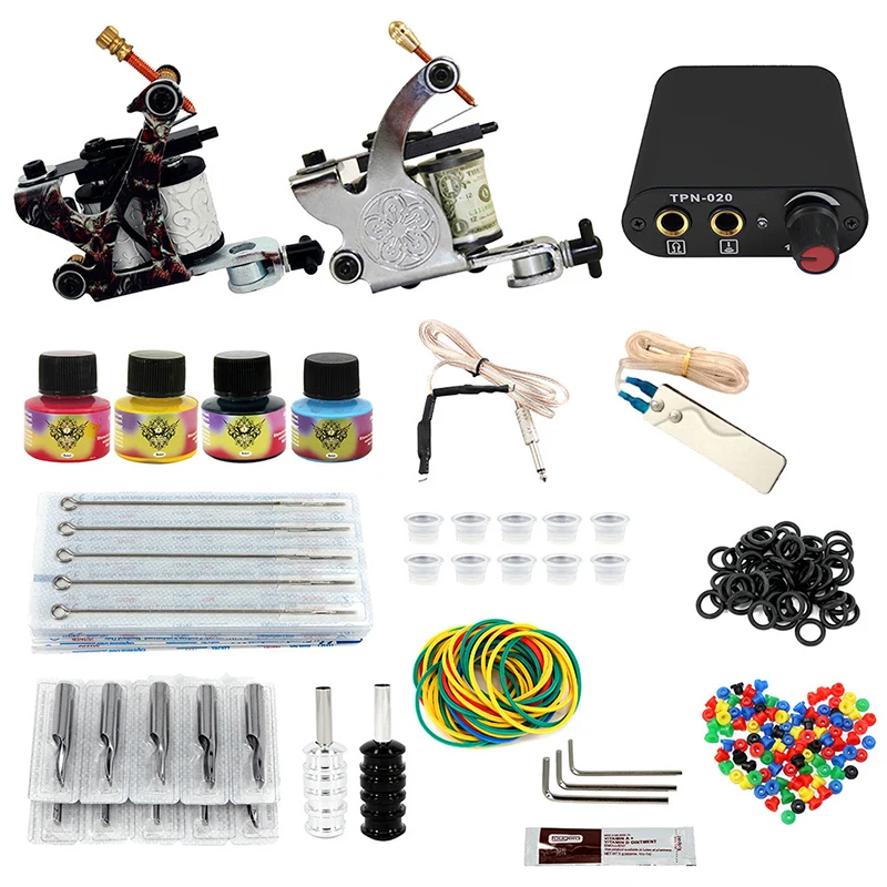Complete profession Tattoo kits 10 wrap coils 2 guns machine 4 tattoo ink sets power supply disposable needle clip cord tattoo kit completed tattoo kits 8 wrap coils guns machine 4 color tattoo ink sets power supply disposable needle