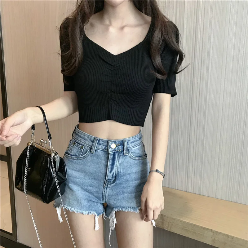 Ulzzang шикарная Милая трикотажная футболка женская одежда Лето корейский Тонкий v-образный вырез с коротким рукавом Верхняя футболка Топы уличная