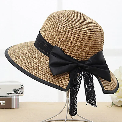 Для женщин Летняя шляпа kapeluzz damski lato Chapeau Femme Ete плоские поля соломенная шляпа Bowknot шапки для черный bowSun - Цвет: Sunhat-DK Beige