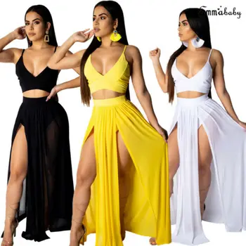 

2019 Women Dress Summer Beach Deep V Party Dress Maxi Long Skirt Crop Top Two Piece Set Club Party Wear Beach Sunsuit Plus Size