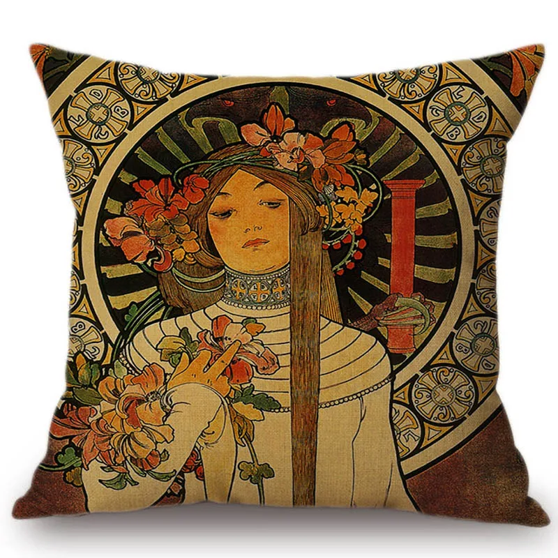 pillow casesVintage European Art Nouveau Mucha Gallery Decorative Pillow Cover Beautiful Beauty Girl Cotton Linen
