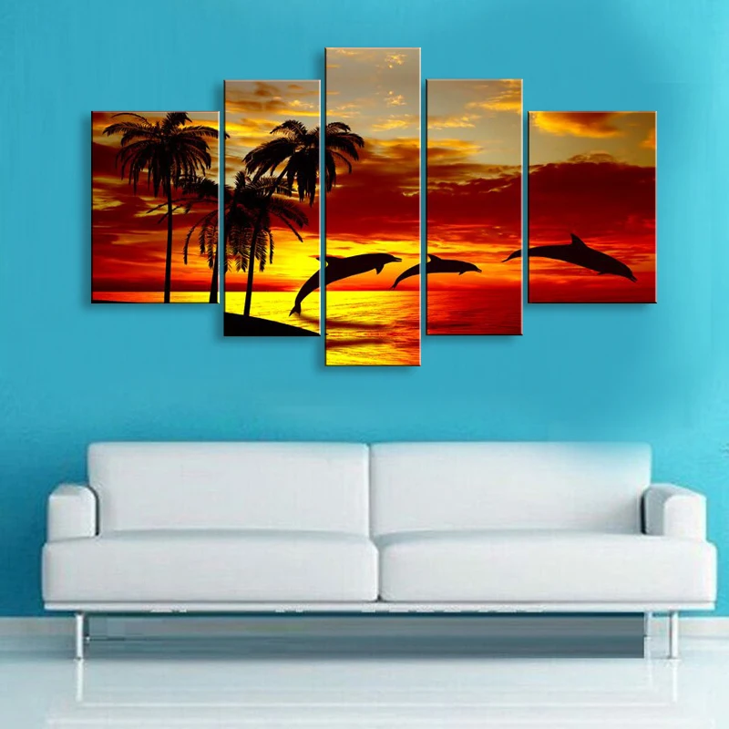 hand-painted oil wall art Sunrise beach dolphins home decoration abstract Landscape oil painting on canvas 5pcsset DY-068 (2)