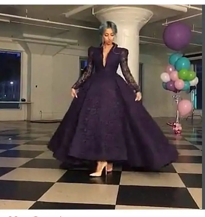 

Elegant Purple Long Sleeve V-Neck Lace Evening Dress 2016 High Quality Formal Dress Custom Made Women Special Occasion Gowns