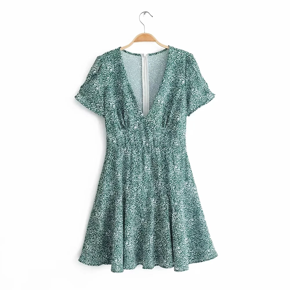 Женское платье с цветочным принтом boho винтажное мини треугольным вырезом и