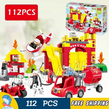 

112pcs My First Fire Station Town Fire Truck Rescue Team Firefighter Figure Building Blocks Toy Compatible With LagoING Duplo
