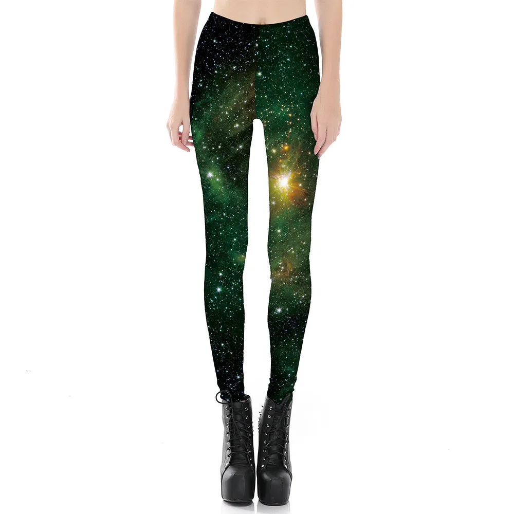 Women Dark Green Galaxy Print Leggings Fitness Workout