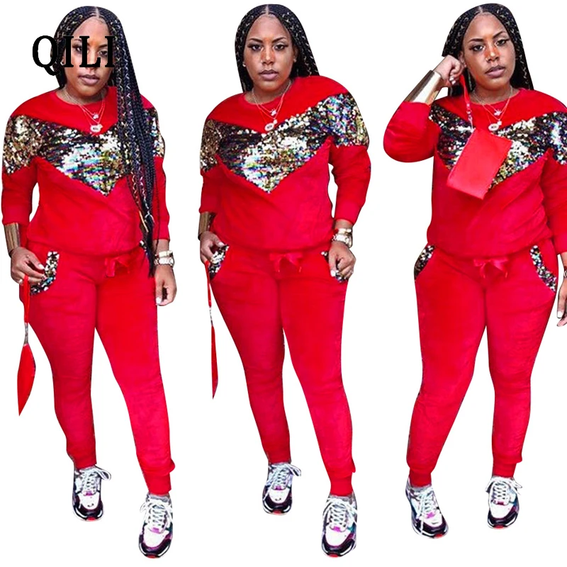 QILI Velvet Long Sleeve Jumpsuits For Women Sequined Two piece set Office Lady Jumpsuit New Autumn Winter Women Casual Jumpsuits