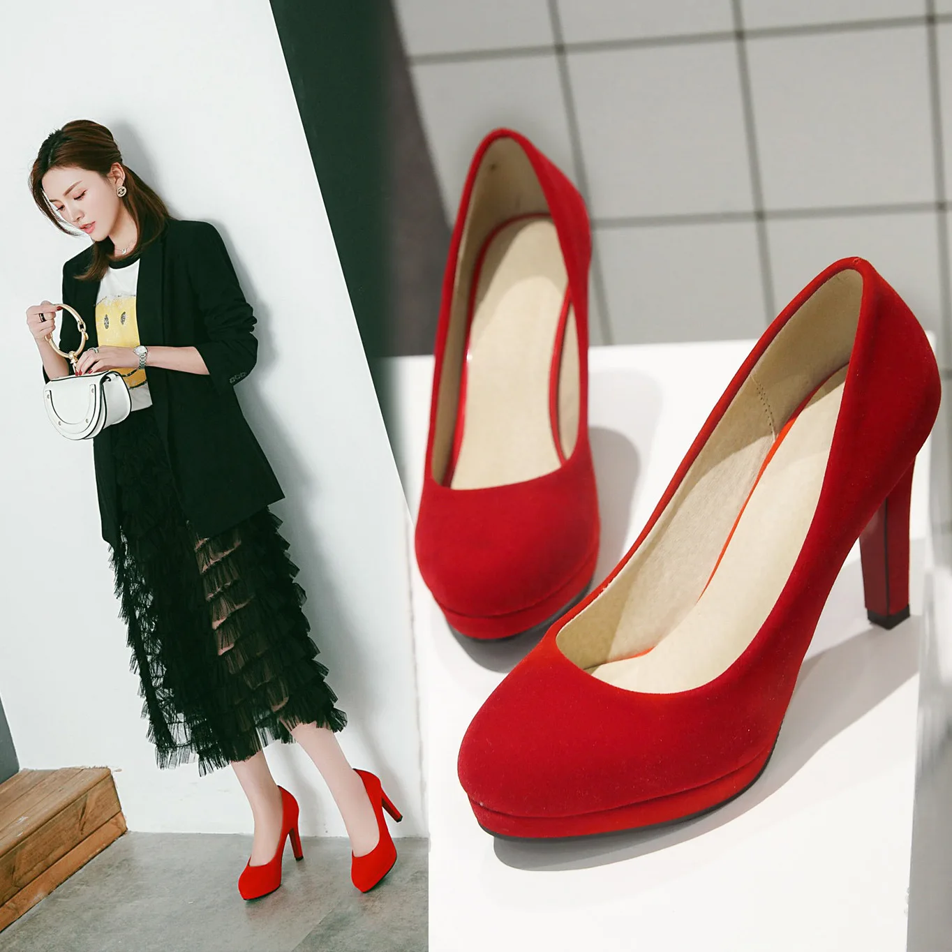 Automne Nouvelle 32 Printemps De Étanche rouge Stiletto La Bouche 43 Plate Avec Noir Super Et Mode Peu Chaussures Mariée Haute 1837 Taille Code forme Profonde CE5q5