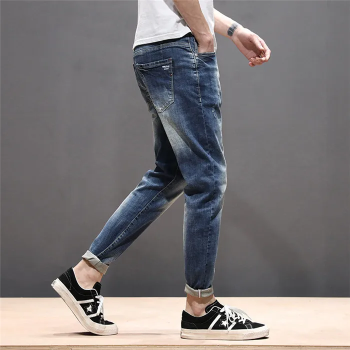 Повседневные джинсы для Для мужчин Демисезонный Колледж Slim Fit прямые синего цвета на молнии; однотонные Стрейчевые классические джинсовые брюки мужские, G538