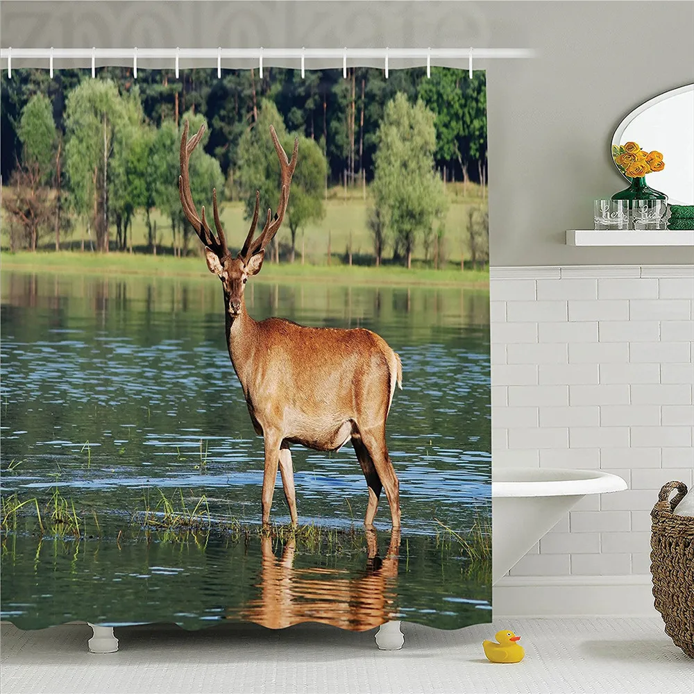 Deer Decor Shower Curtain Set Cute Mountain Deer In The Water With A