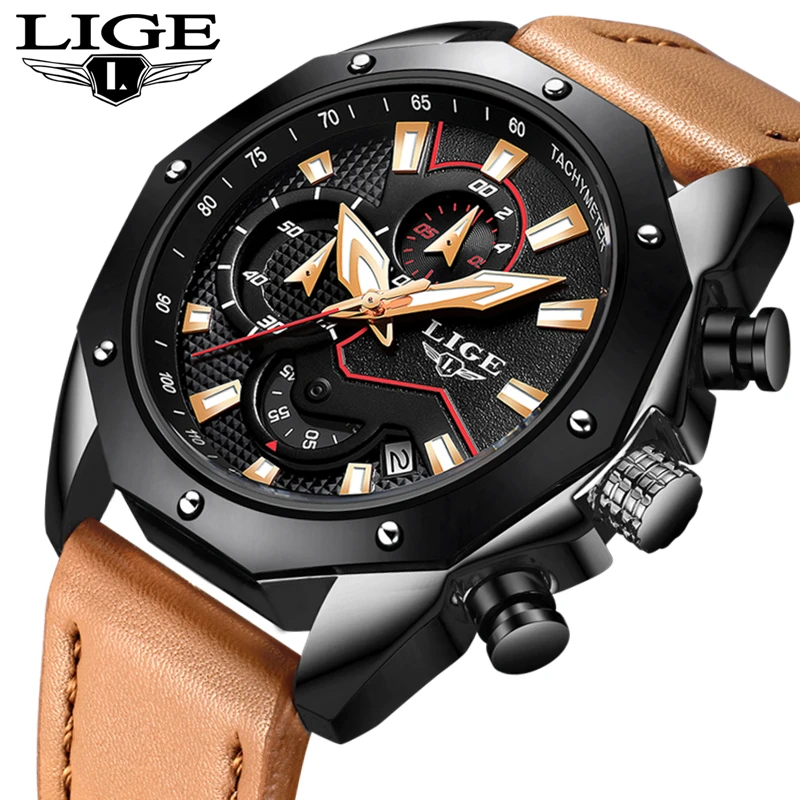 

Relogio Masculino LIGE Mens Watches Top Brand Luxury Waterproof Quartz Watch Men Leather Clock Men Sport Military Wrist Watches