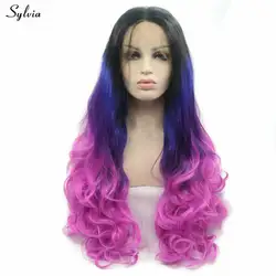 Sylvia черный корни Омбре дрель синий/бледно-фиолетовый парик длинные средства ухода за кожей волна синтетический синтетические волосы на