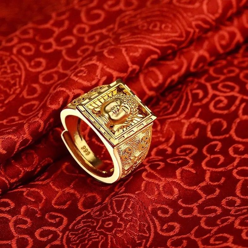MxGxFam кольца Будды для мужчин отрегулировать 24 К чистого золота цвет квадратный тусклый польский Религиозные ювелирные изделия