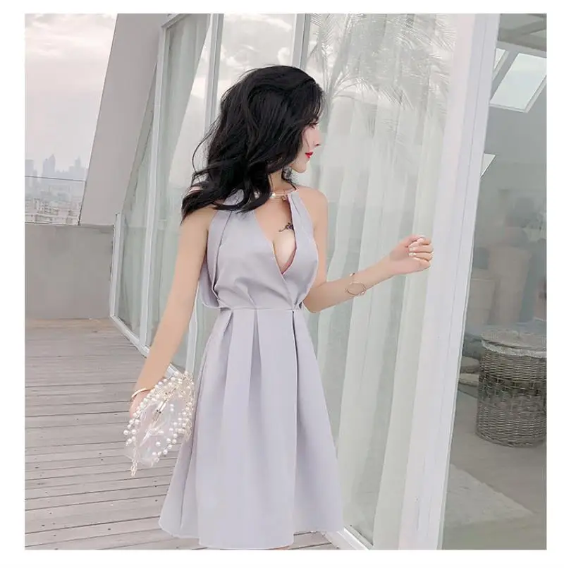Halter Backless Sexy Women Dress Elegant Pearl Chain V Neck Sleeveless Evening Party Club Summer Dress Vestidos Female